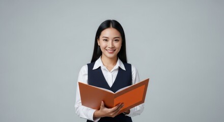 Fototapeta premium Smiling woman holds open folder, looking at viewer