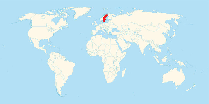 Sweden location highlighted in red on a clean white world map with blue ocean background