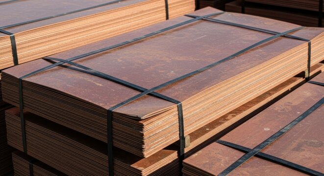 Stacked, rusty metal sheets tightly strapped together