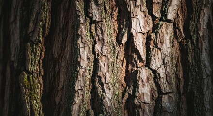 Obraz premium Textured tree bark with moss and deep, rough furrows
