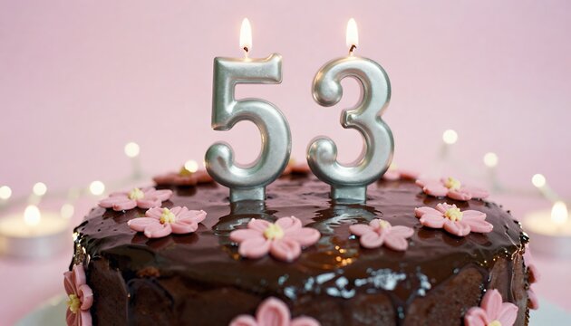 A delightful chocolate birthday cake celebrating a 53rd milestone with glowing candles