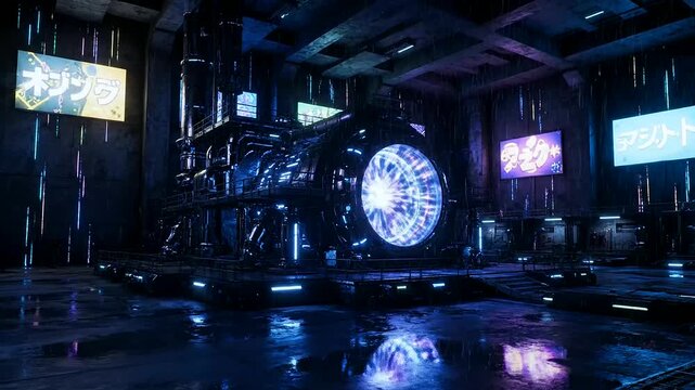Immersive view of a pulsating quantum processor and Fusion reactor core radiating immense energy within a futuristic, atmospheric industrial facility.