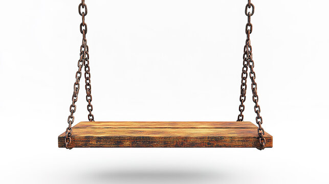 A rustic wooden swing seat suspended by two heavy, rusted chains on either side.
