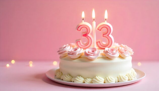 A delightful 33rd birthday cake adorned with elegant pink roses and glowing candles
