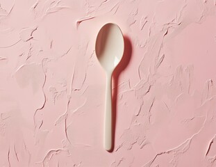 White spoon on a embossed,dusty pink background, minmalist aesthetic compositin