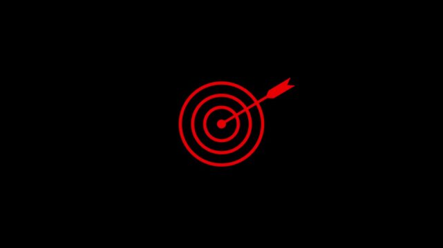 A vibrant red outline of a target with an arrow striking the bullseye positioned centrally against a deep black background, representing a bold and clear objective or successful outcome