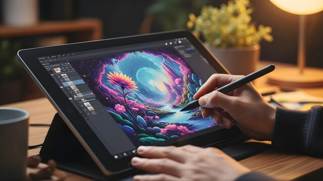 Digital Artist Drawing Colorful Abstract Design on Tablet
