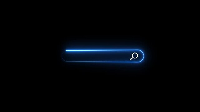 A glowing neon blue search bar with a magnifying glass on the right side, set against a dark black background, representing online search and digital information discovery