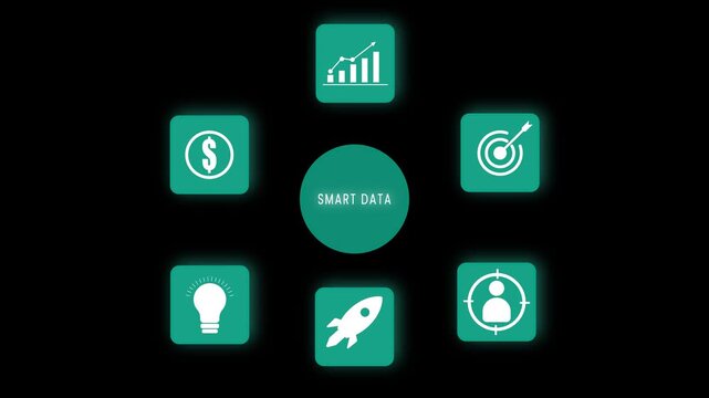 Smart data set with dollar sign graph target light bulb rocket and user symbols on green buttons business finance and technology concepts