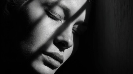Fototapeta premium Face Partially in Shadow Shows a Thoughtful Expression While Surrounded by an Atmosphere of Calm and Chaos During a Dimly Lit Moment