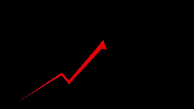 A bold red arrow with a sharp point, angled upwards and to the right, presented as a distinct line on a pure black background, symbolizing increase, positive change, and forward momentum