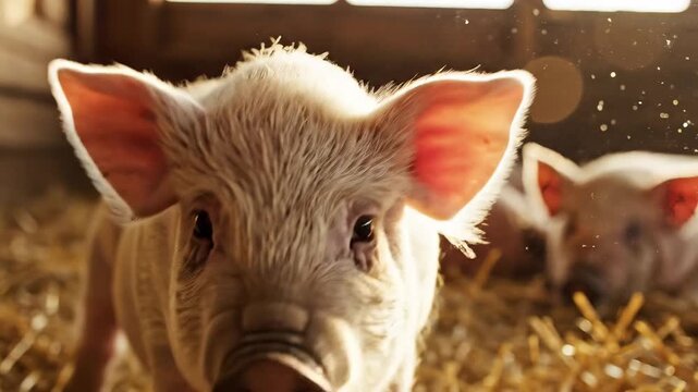 Piglets in Hay with Sunlight