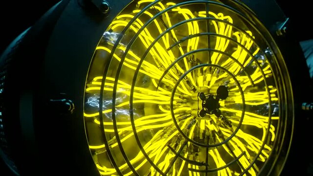 Dynamic close-up of a futuristic quantum processor, pulsating with vibrant yellow energy and electrical discharges, evoking the immense power of a fusion reactor core in action.