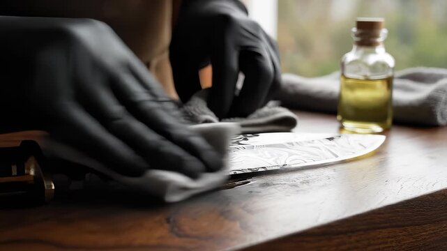 Hands in Gloves Polishing Damascus Steel Blade on Wooden Table