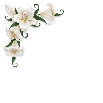 Elegant white lily flower corner border with green leaves isolated on white background