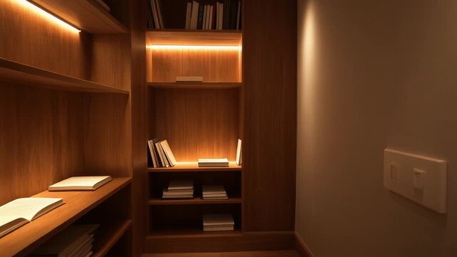 A modern wooden library with bookshelves and a warm ambient light, viewed from the corner of the room.