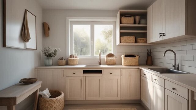 Serene laundry room interior with soft light, wicker baskets, and modern minimalist decor viewed from a calm perspective.