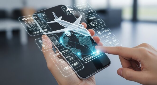 Hand interacting with futuristic flight booking application on smartphone