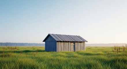 Obraz premium A rustic wooden hut stands horizontally in a quiet, isolated field, suggesting survival and simple living near nature and the wilderness, hut, structure, escape