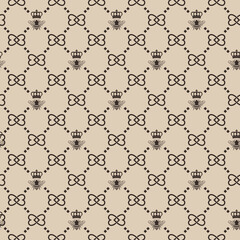 Seamless repeating luxury lattice pattern with crowned bee and knot motifs on a beige background and dark brown chain grid. Perfect for wallpaper, fabric, packaging, branding, and textile prints.