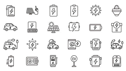 Collection of line icons illustrating electric power, battery charging, solar energy, and electric vehicles.