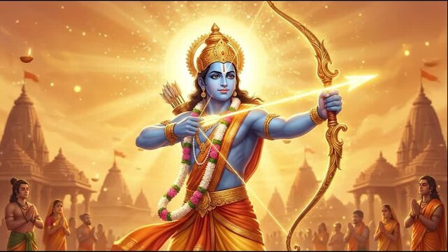 Lord rama aims his divine arrow in a majestic, golden digital illustration celebrating ram navami among devotees.
