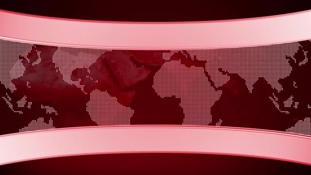 Dramatic news studio background with a red gradient, a white dotted map, and curved crimson red bands accented by a bright pink light streak, conveying urgency or important global news