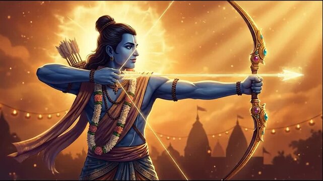 Majestic illustration of lord rama aiming his glowing arrow, bathed in warm golden light, celebrating ram navami.