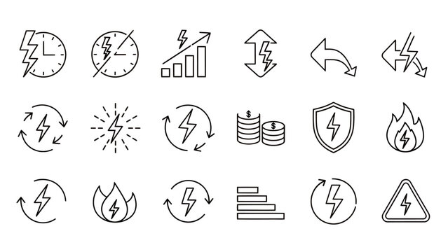 A collection of line icons representing energy, electricity, time management, financial growth, security, and power-related concepts.