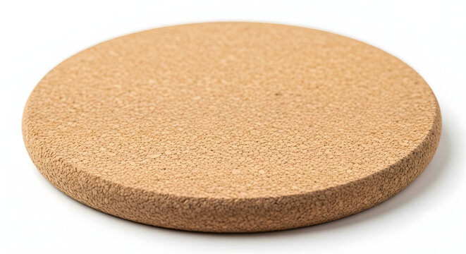 A round, light brown cork mat or coaster on a white background, isolated.