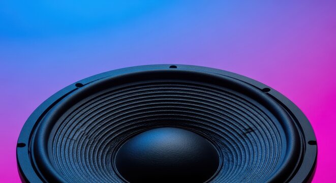 Detailed close-up of a powerful black loudspeaker cone designed to reproduce deep, resonant low-frequency audio signals and powerful bass sounds, mechanism, music, pulsing