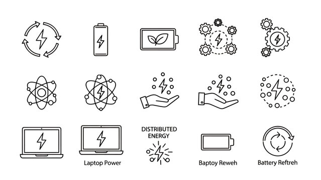 A collection of line icons representing various aspects of energy, power, batteries, and technology, including concepts like distributed energy, laptop power, and battery refresh.