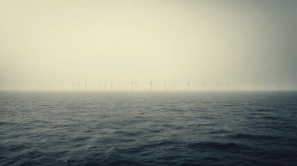 Fototapeta premium Numerous offshore wind turbines stand in a hazy ocean generating clean energy