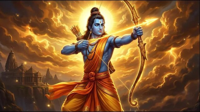 Majestic digital illustration of lord rama aiming his bow under a dramatic golden sky for ram navami.