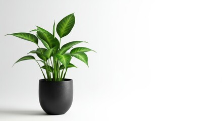 Fototapeta premium Simple modern potted houseplant featuring vibrant green leaves and a dark vessel, perfectly isolated on clean white, shadow, pure white, indoor
