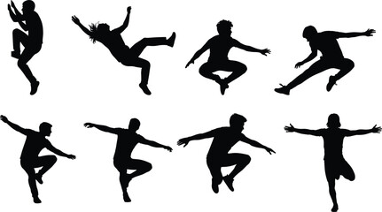 Obraz premium Jumping people silhouette illustration set showing dynamic dancers performing aerial moves, freedom energy celebration poses, modern lifestyle motion concept, black vector collection isolated