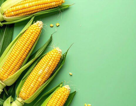 Freshly picked yellow corn on the cob with green husks are arranged on a solid light green background, creating an inviting and colorful summer harvest image.