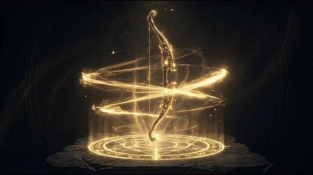 Ornate golden bow of lord rama, dramatically illuminated by swirling spiritual light on a dark pedestal for ram navami.