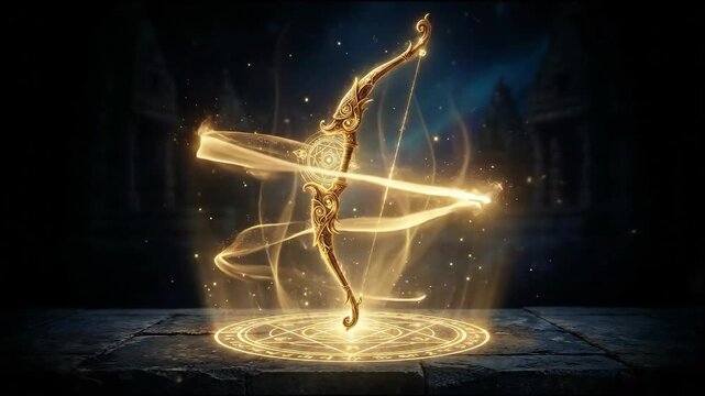 Mystical golden bow of lord rama, rendered cinematically, glows intensely on a dark altar for ram navami.