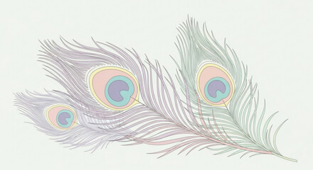 Obraz premium Vibrant peacock feathers with colorful eyespots on light background illustration