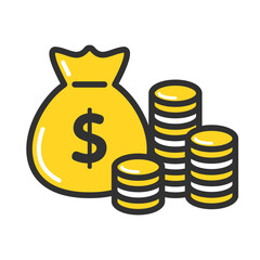 ドル資産と貯蓄を表すお金の袋とコインのアイコンイラスト。Money Bag with Dollar Sign and Coins Icon Illustration for Savings and Assets.