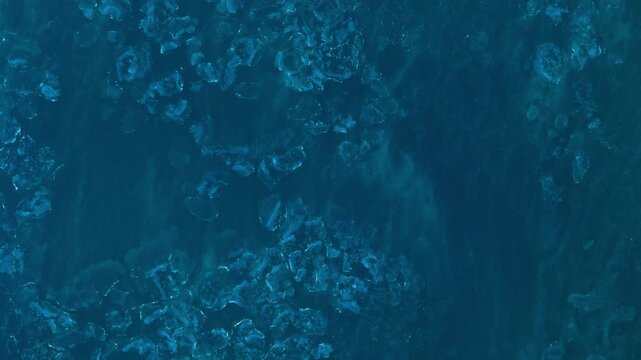 Drone top-down view of water surface during extreme winter cold. Subzero temperatures create floating ice formations. Wind moves small ice fragments across surface.