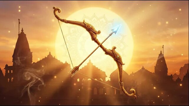 Ornate golden bow and arrow centered, symbolizing lord rama's divine power in a warm, devotional temple setting.