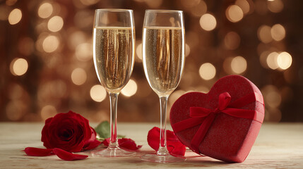 Love celebration champagne glasses and red roses still life