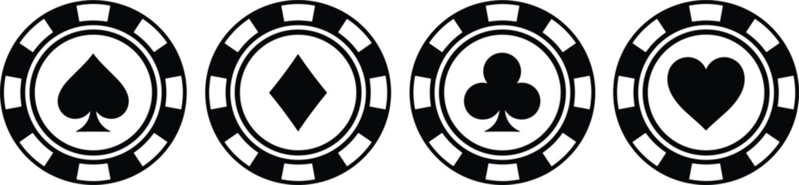Casino poker chip icons set featuring playing card suits spade diamond club heart gambling symbols vector