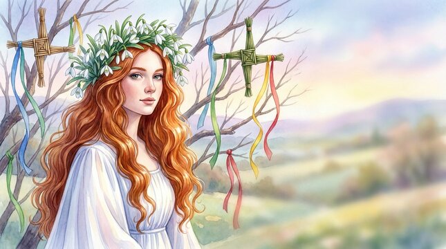 Red haired woman, snowdrop wreath, sacred tree for Imbolc illustration. Brigid crosses, colorful ribbons adorn tree, symbolizing Imbolc illustration. Concept Imbolc illustration for pagan content,