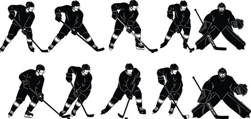 Black silhouette ice hockey players set showing action poses, skating, shooting, defending, and goalie stances, professional winter sport athletes isolated on white background