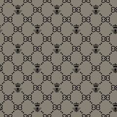 Seamless repeating lattice pattern featuring crowned bee and knot motifs on a gray-taupe background with black line art. Ideal for wallpaper, fabric, packaging, branding, and surface design.