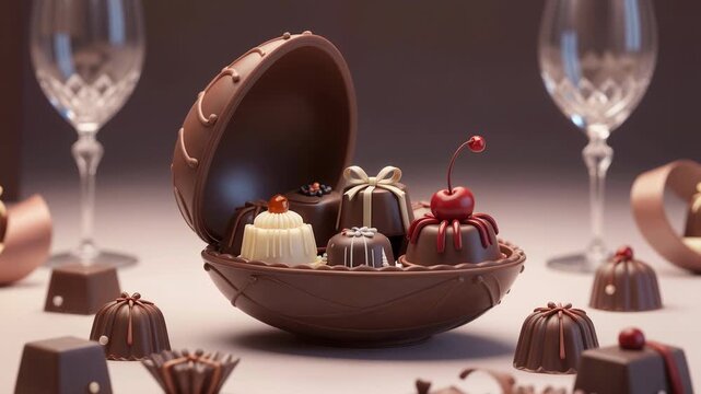 a chocolate bowl with an open lid, containing various chocolate desserts. The bowl has a textured pattern. Inside, there are a small cream puff, a gift-wrapped chocolate.