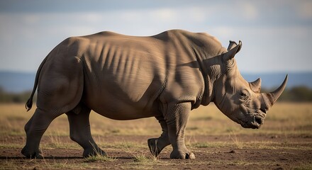 A large rhinoceros walks across a dry savannah landscape under a cloudy sky via a photo
